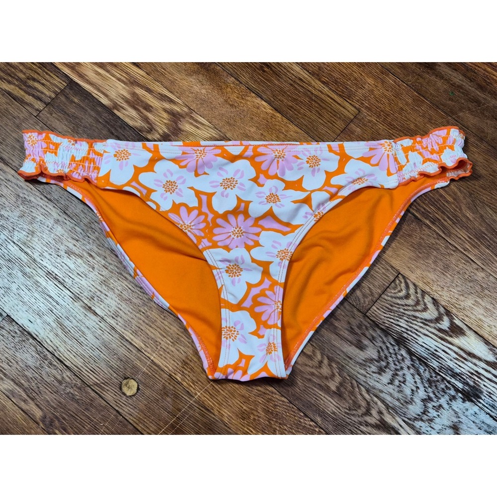 Heat Swimwear Orange Pink Floral Ruffle Bikini Bottoms Plus Sz 3X Retro 778-1559